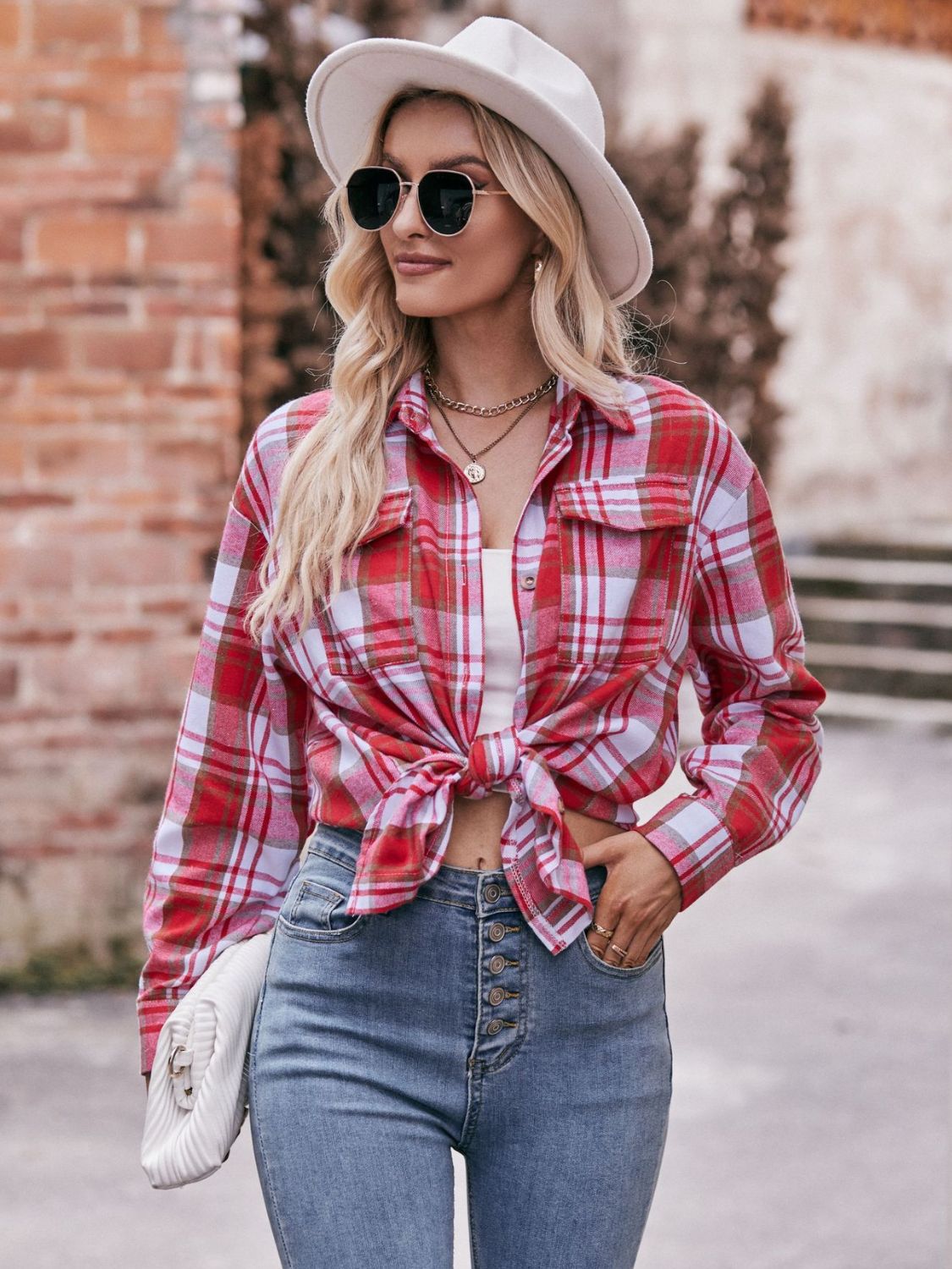 Women's Plaid Dropped Shoulder Longline Blouse Deep Red