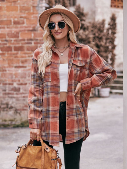 Women's Plaid Dropped Shoulder Longline Blouse