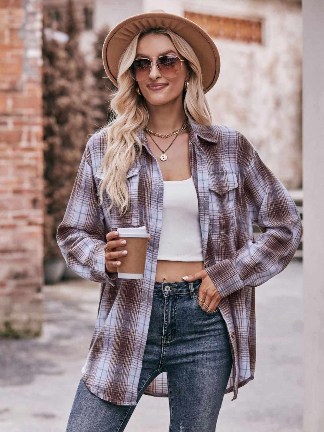 Women's Plaid Dropped Shoulder Longline Blouse Coffee White