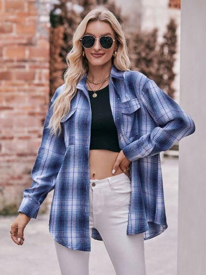 Women's Plaid Dropped Shoulder Longline Blouse Navy White