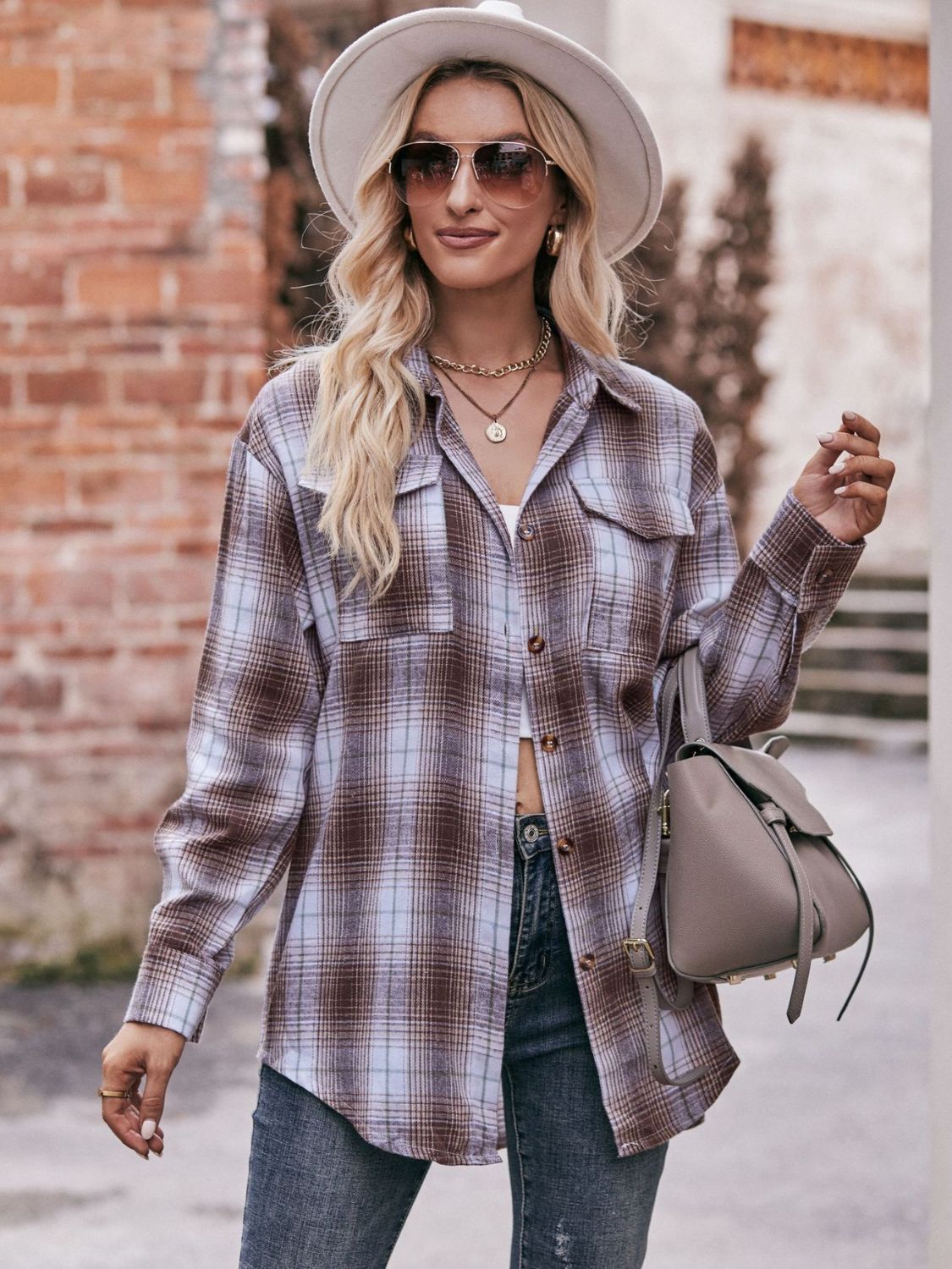 Women's Plaid Dropped Shoulder Longline Blouse