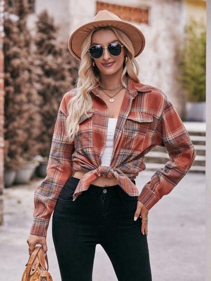 Women's Plaid Dropped Shoulder Longline Blouse Brick Red