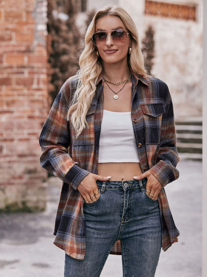 Women's Plaid Dropped Shoulder Longline Blouse