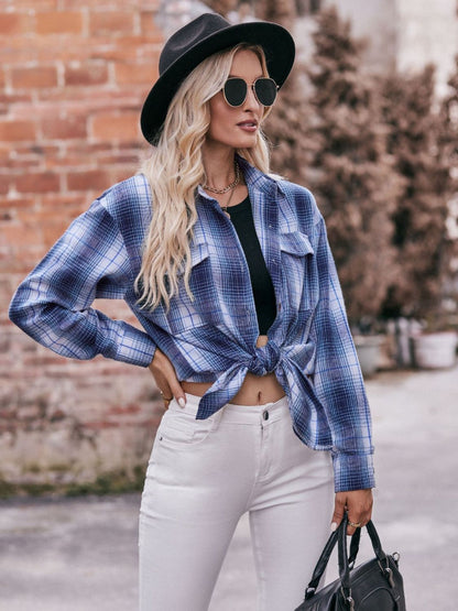 Women's Plaid Dropped Shoulder Longline Blouse