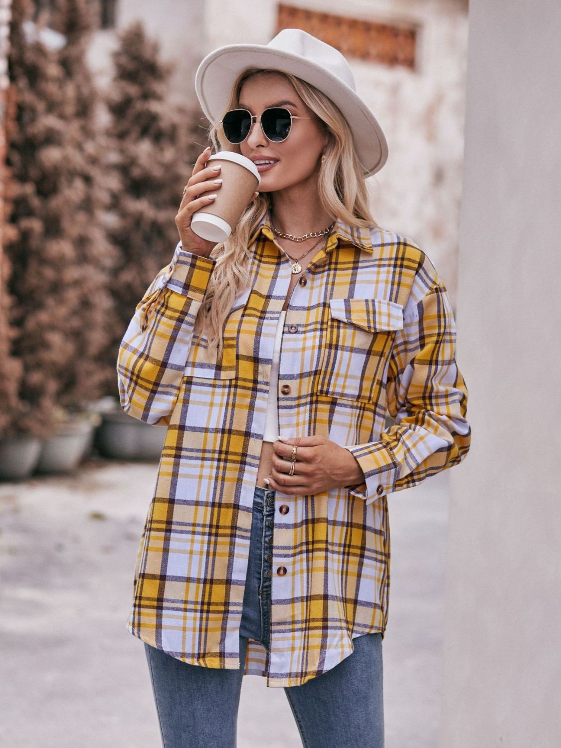 Women's Plaid Dropped Shoulder Longline Blouse Mustard