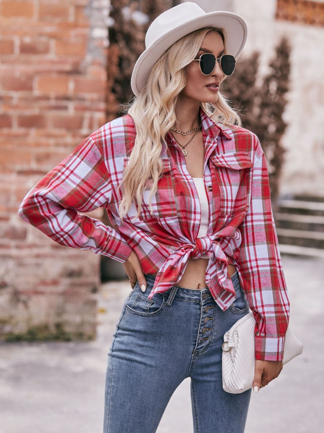 Women's Plaid Dropped Shoulder Longline Blouse