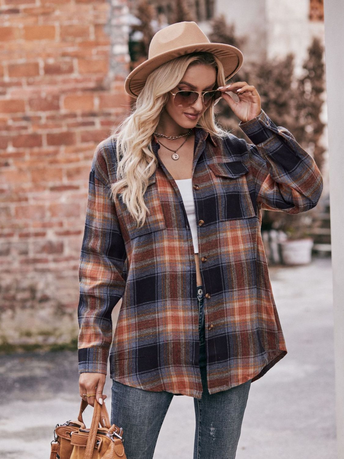 Women's Plaid Dropped Shoulder Longline Blouse Brown Black