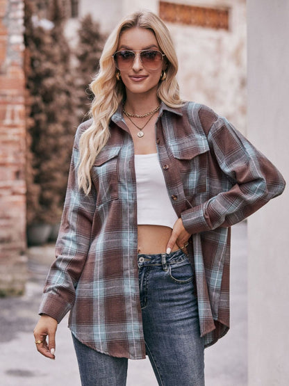 Women's Plaid Dropped Shoulder Longline Blouse Brown Green