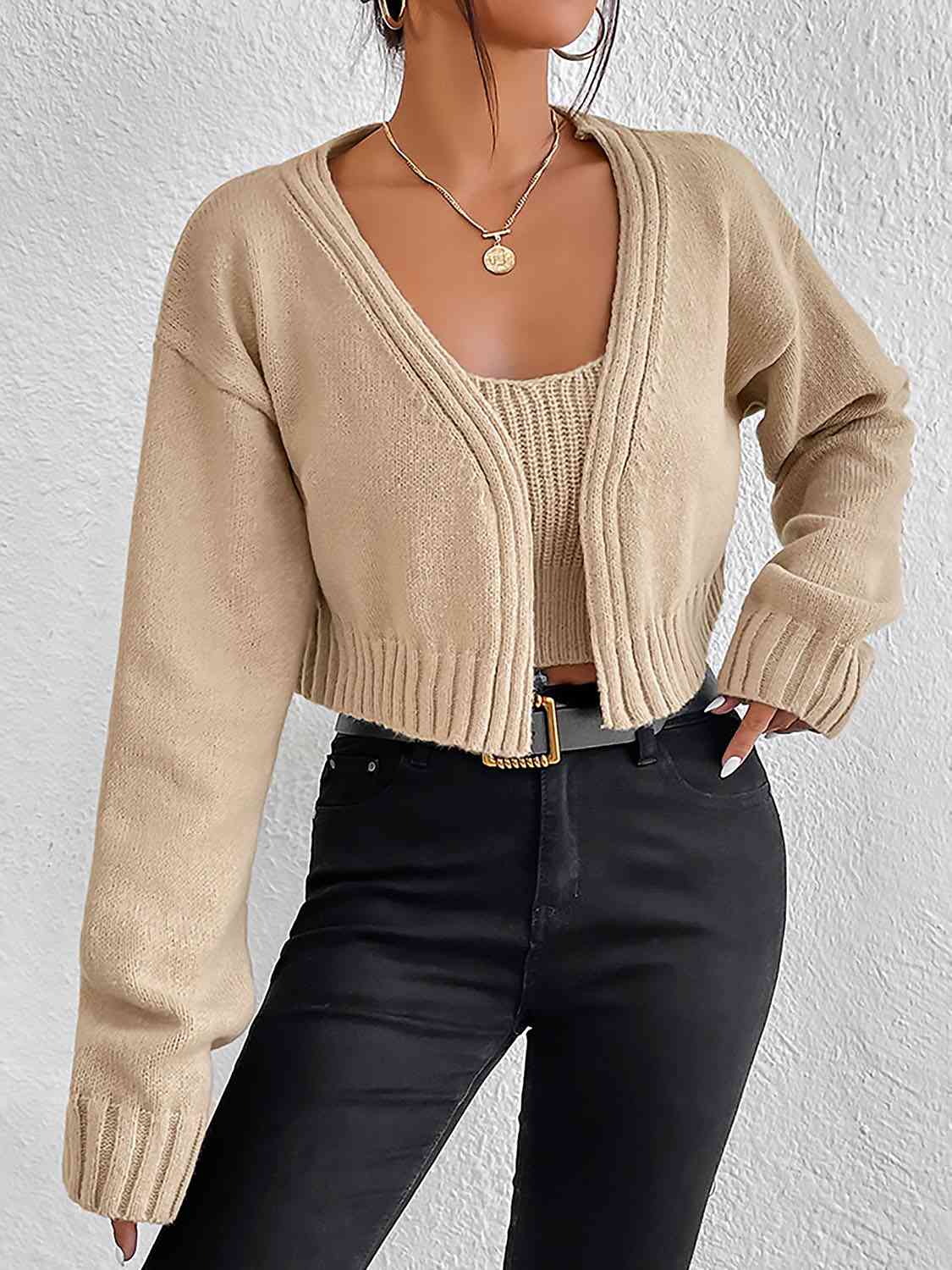 Women's Plain Sweater Cami and Cardigan Set
