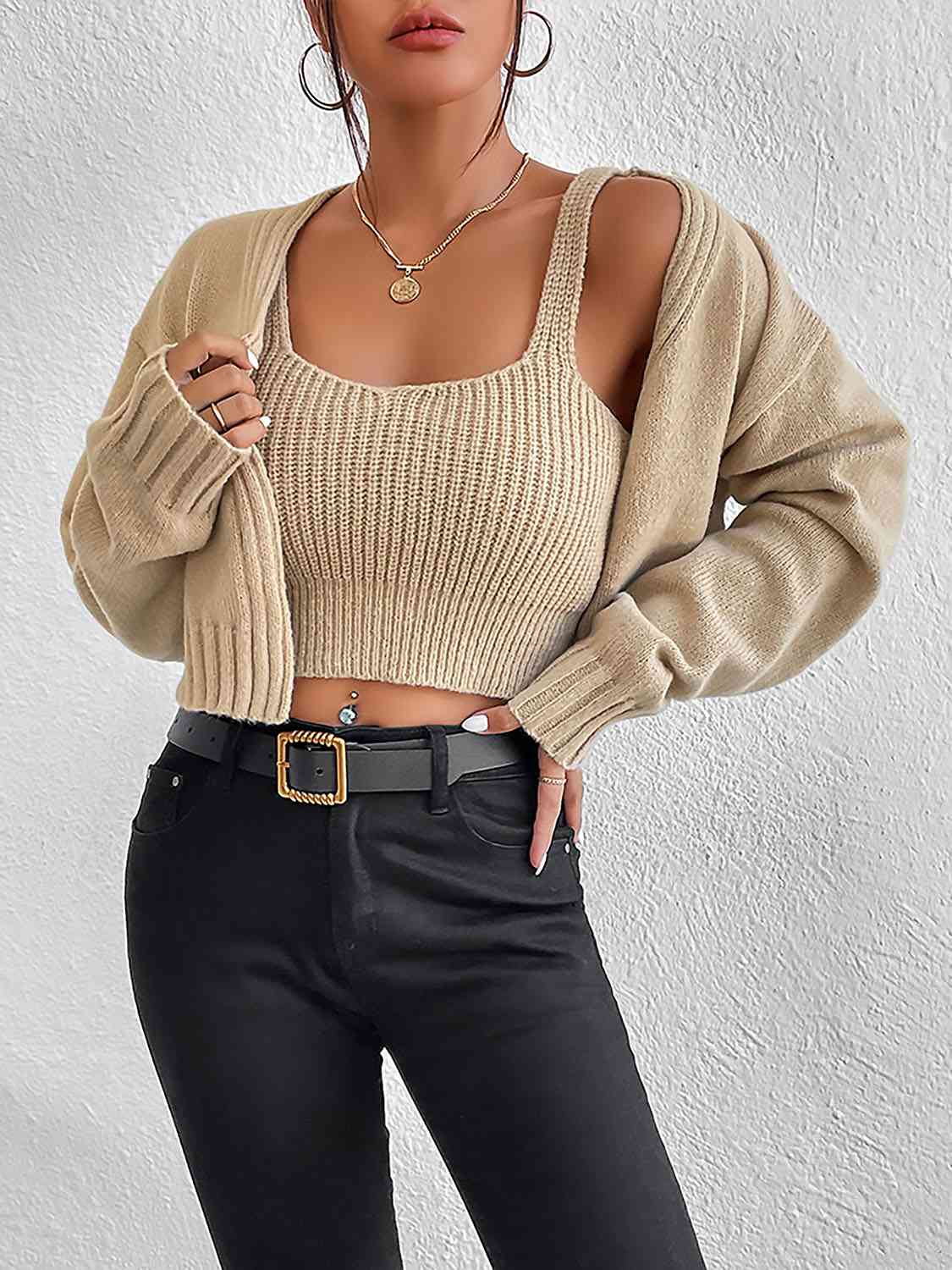 Women's Plain Sweater Cami and Cardigan Set Tan