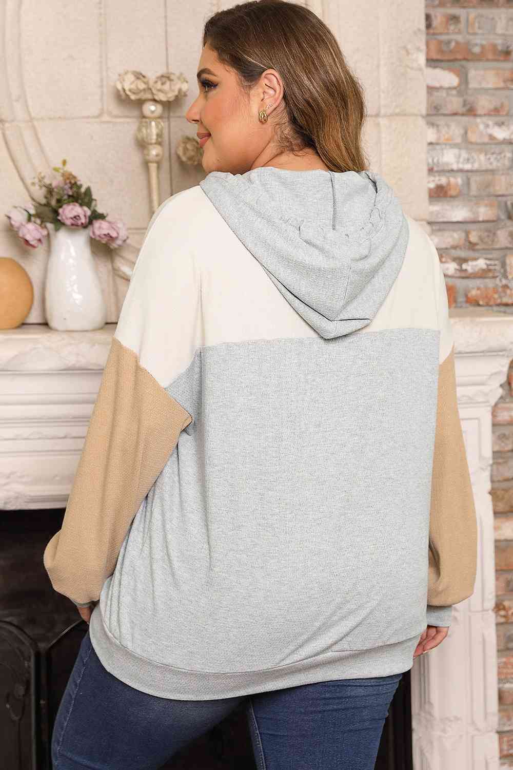 Women's Plus Size Color Block Drawstring Long Sleeve Hoodie