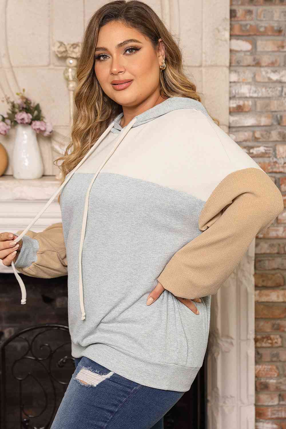 Women's Plus Size Color Block Drawstring Long Sleeve Hoodie