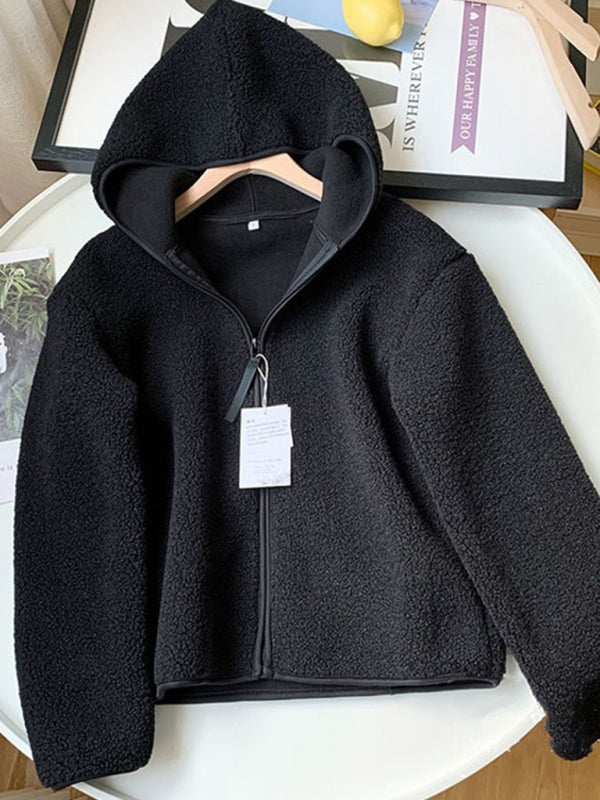 Women's Polar Fleece Zip Hooded Jacket Black