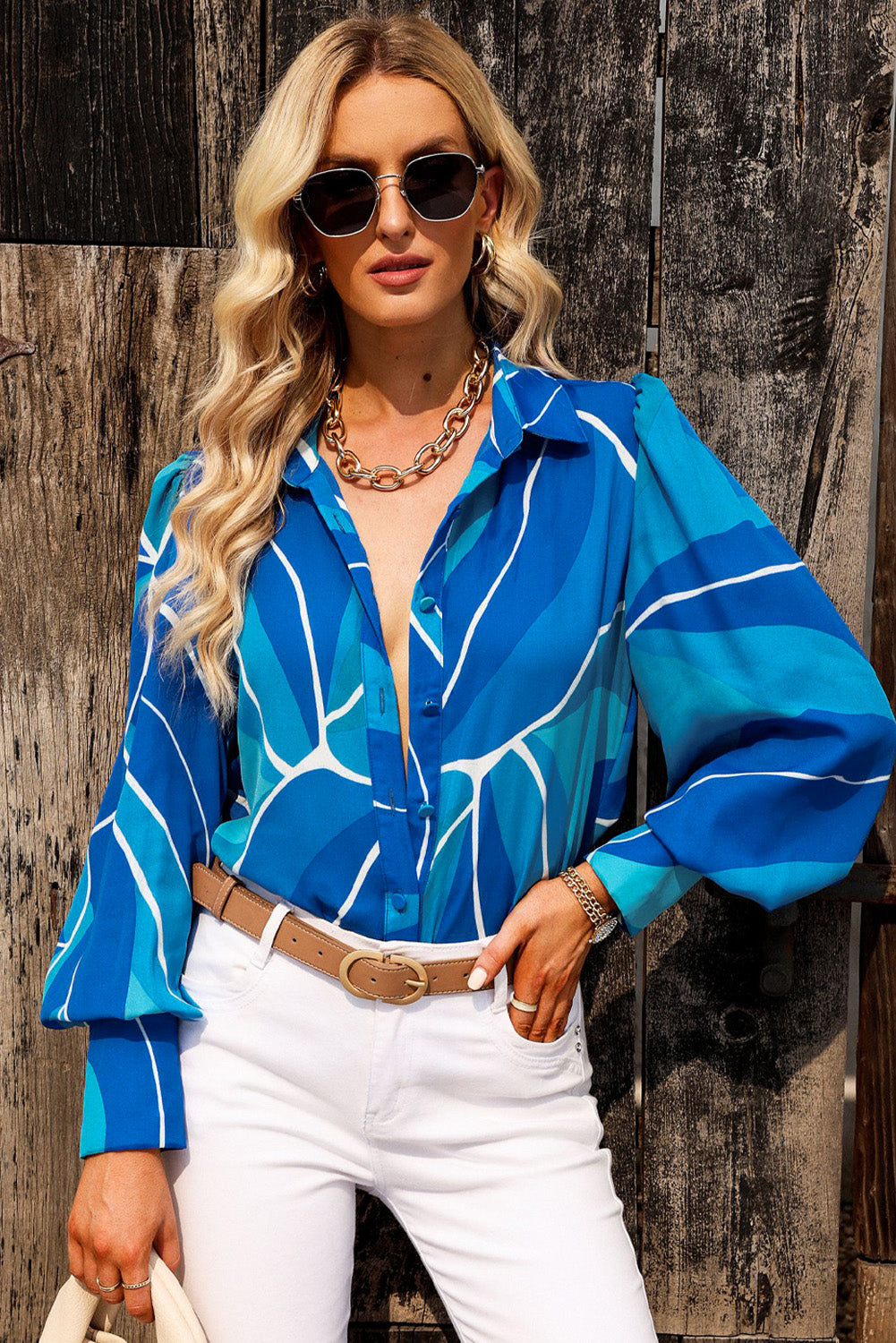 Women's Printed Bishop Sleeve Collared Blouse Sky Blue