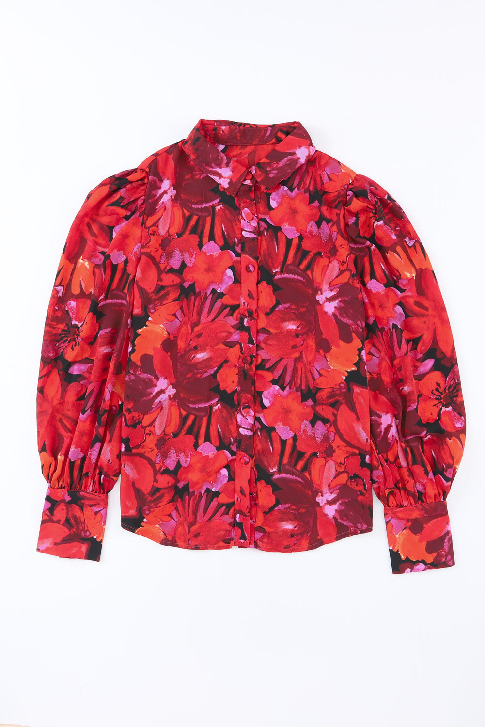Women's Printed Bishop Sleeve Collared Blouse Red