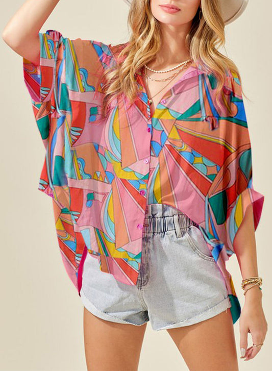 Women's Printed Dolman Sleeve Collared Blouse Multicolor