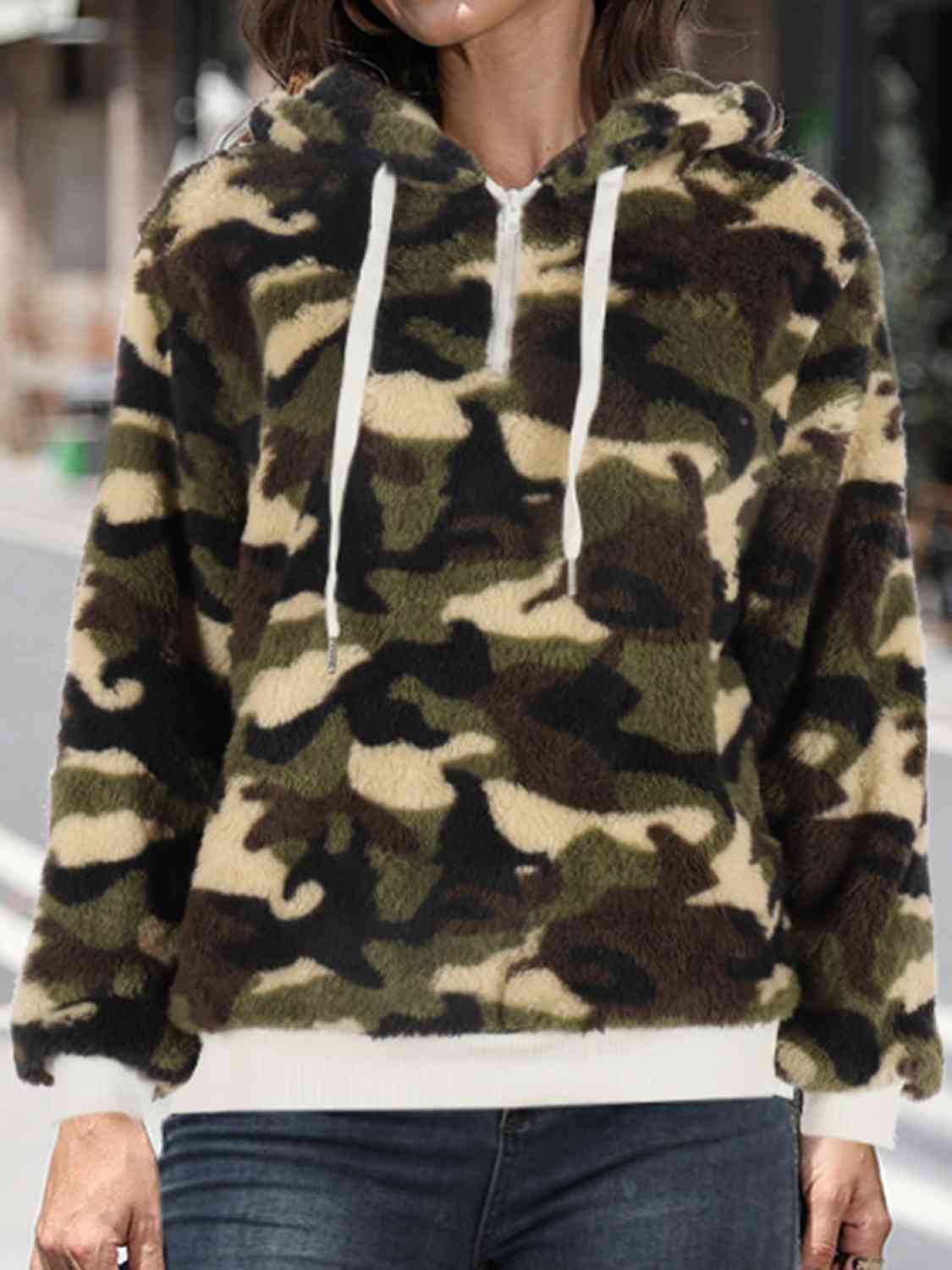 Women's Printed Drawstring Long Sleeve Hoodie Green Camouflage