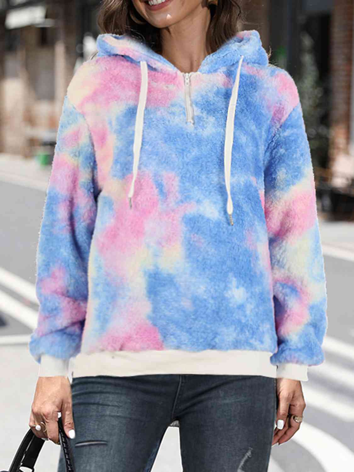 Women's Printed Drawstring Long Sleeve Hoodie Misty Blue