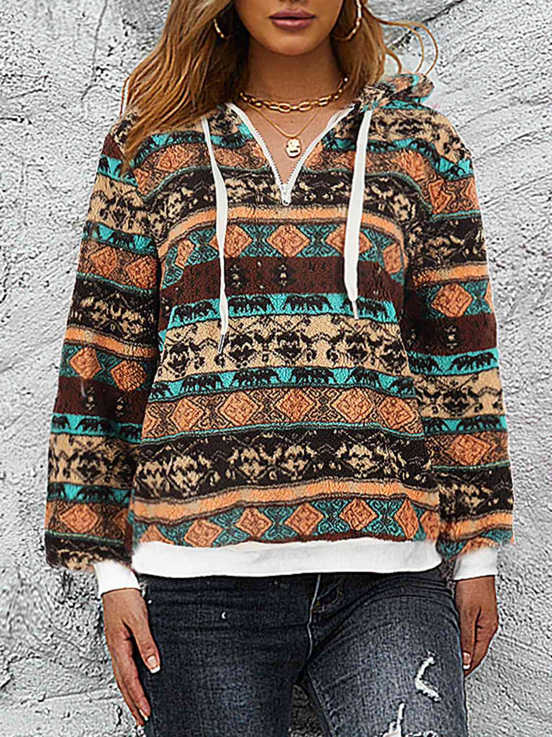 Women's Printed Drawstring Long Sleeve Hoodie Multicolor