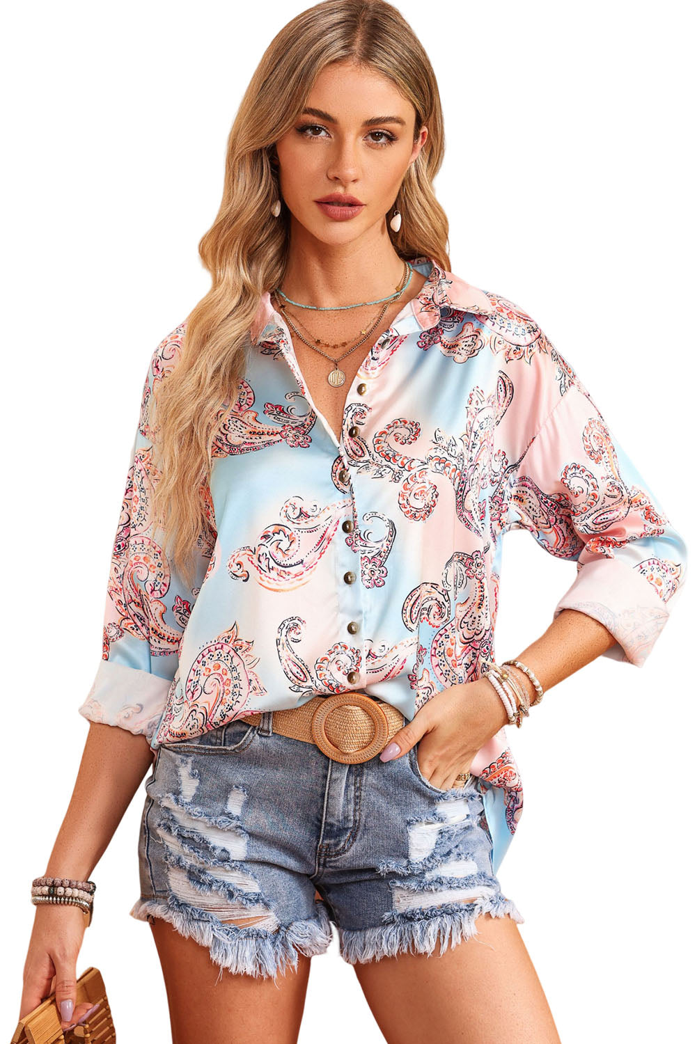 Women's Printed Long Sleeve Collared Blouse