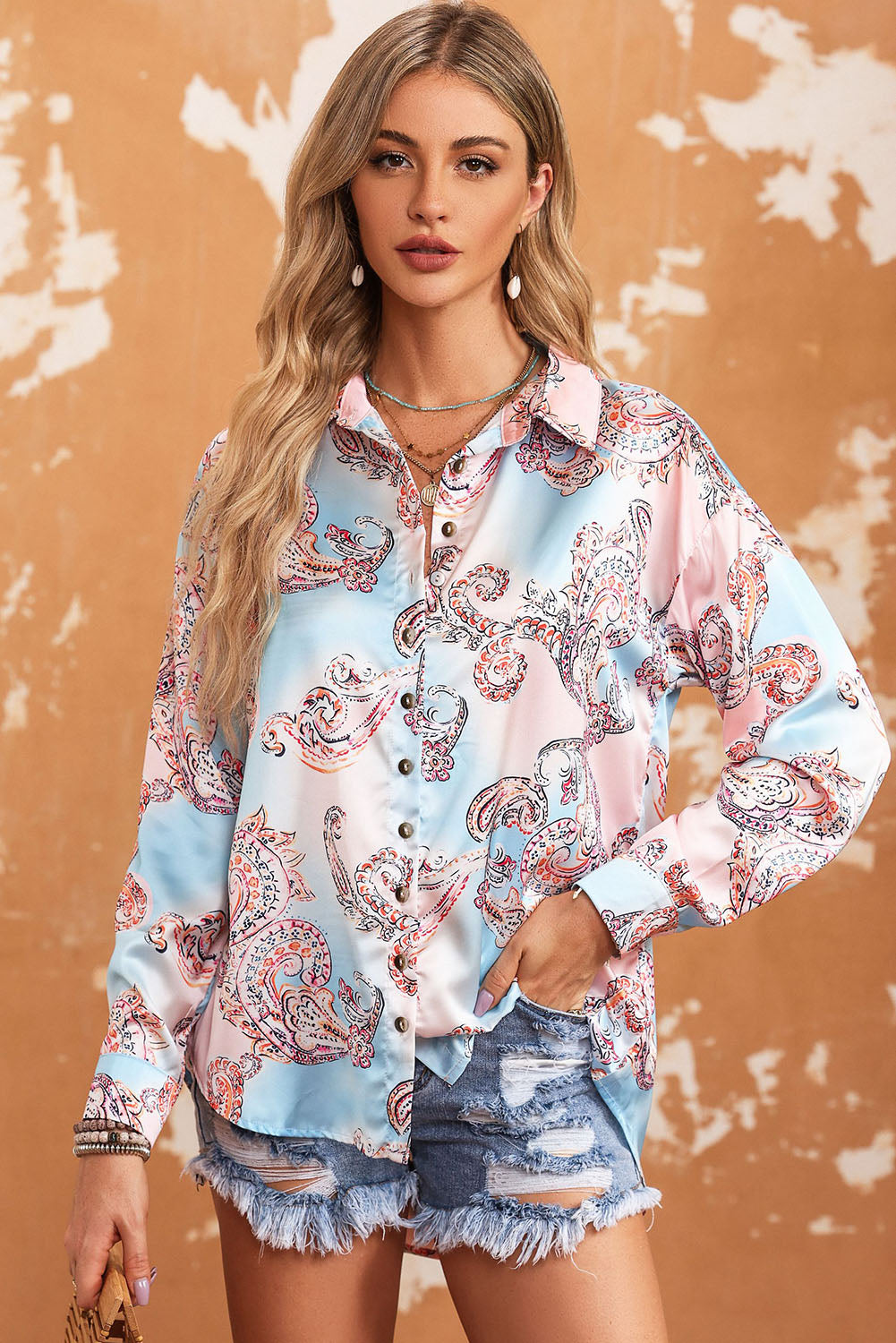 Women's Printed Long Sleeve Collared Blouse