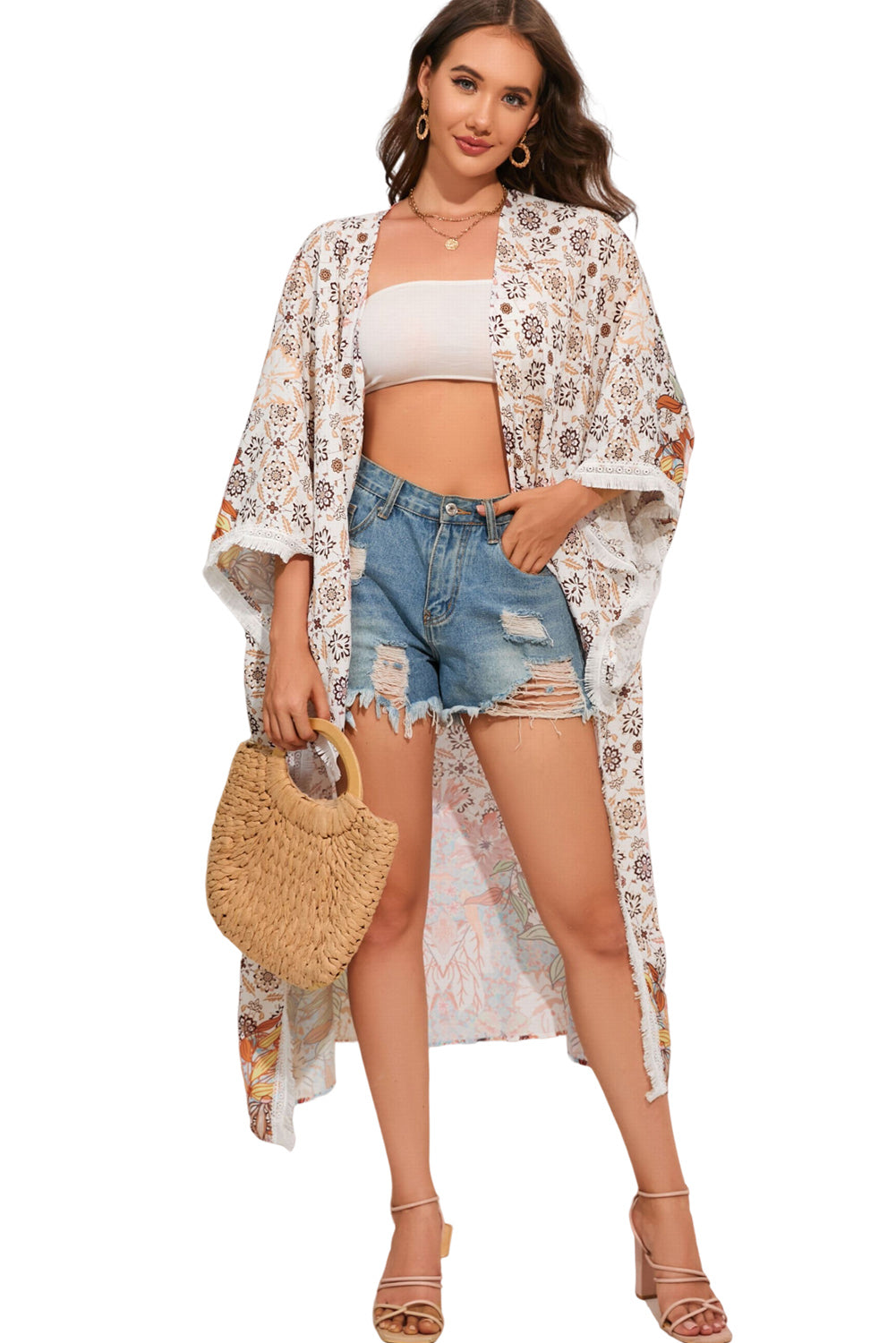 Women's Printed Open Front Kimono Duster Cardigan