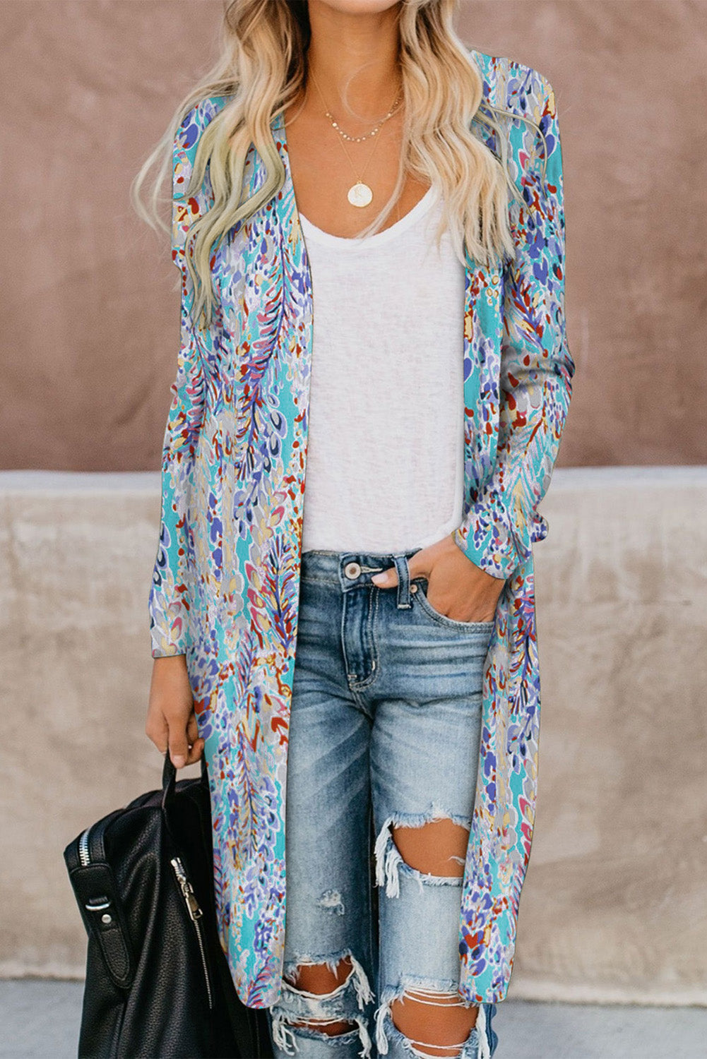 Women's Printed Open Front Longline Cardigan Leaf