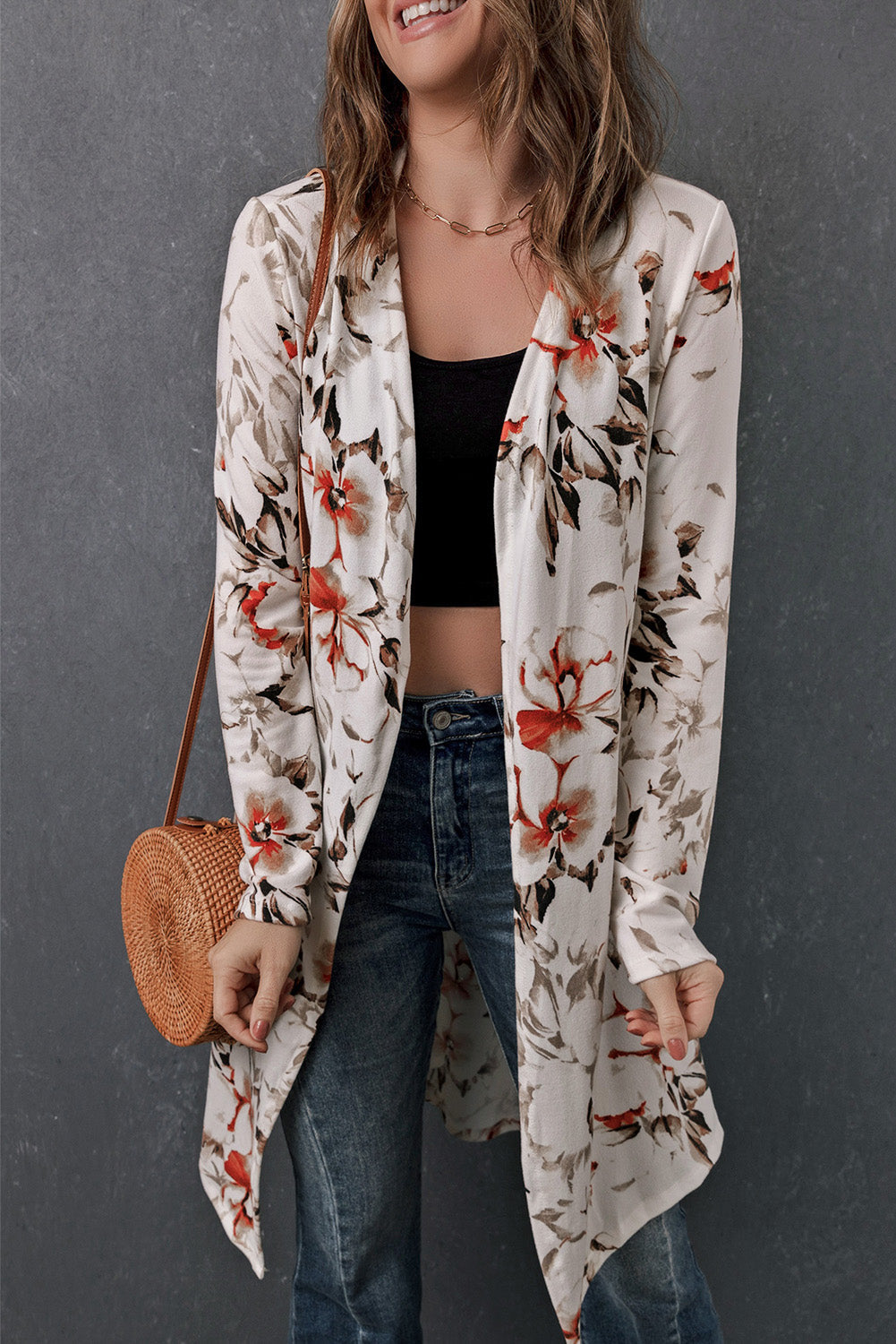 Women's Printed Open Front Longline Cardigan White-Floral
