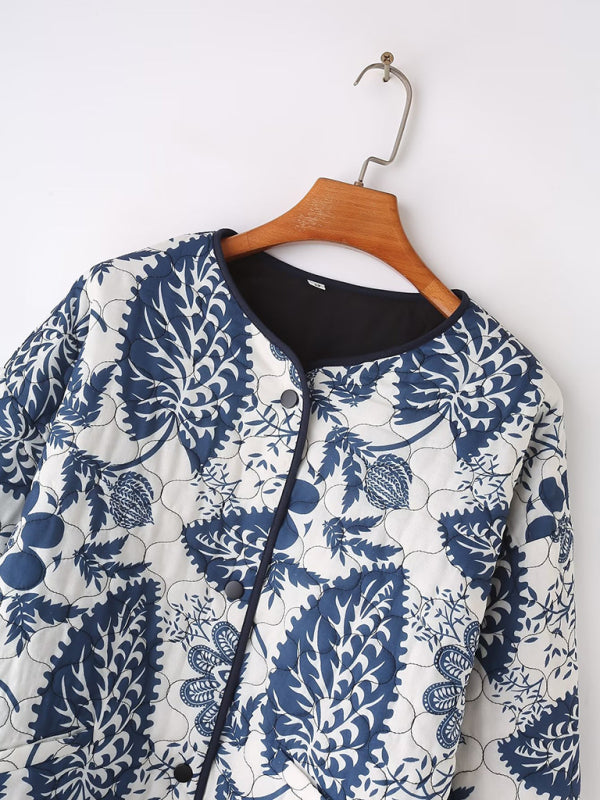 Women's Printed Thick Button Quilted Jacket Blue