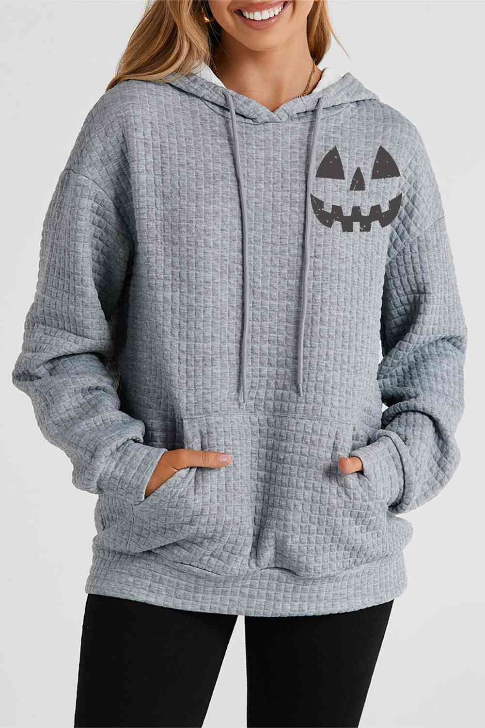 Women's Pumpkin Face Graphic Drawstring Hoodie with Pocket Charcoal