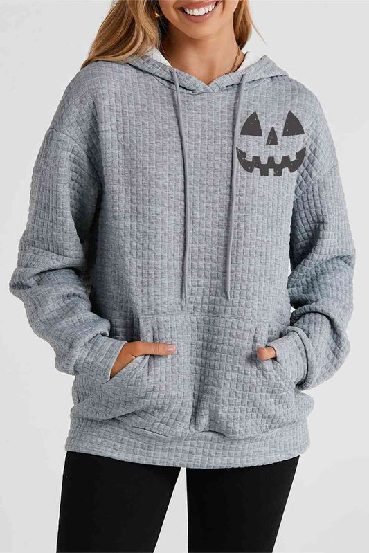Women's Pumpkin Face Graphic Drawstring Hoodie with Pocket Charcoal