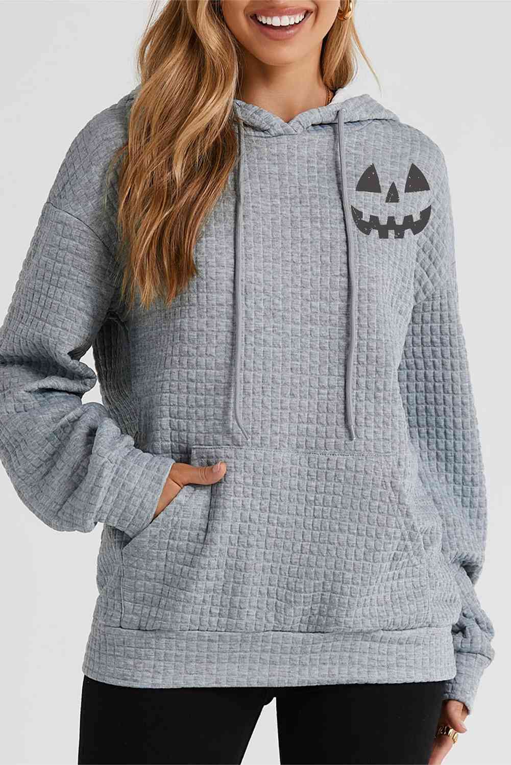 Women's Pumpkin Face Graphic Drawstring Hoodie with Pocket