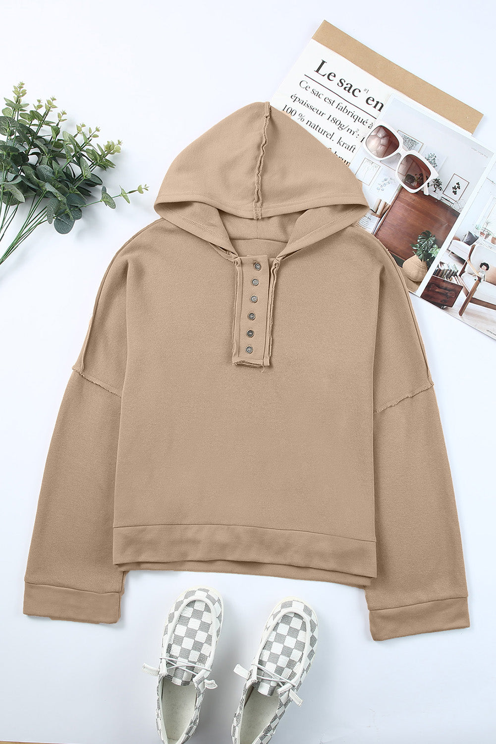 Women's Quarter-Button Exposed Seam Dropped Shoulder Hoodie