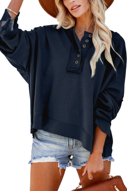 Women's Quarter-Button Exposed Seam Dropped Shoulder Hoodie Navy 2XL