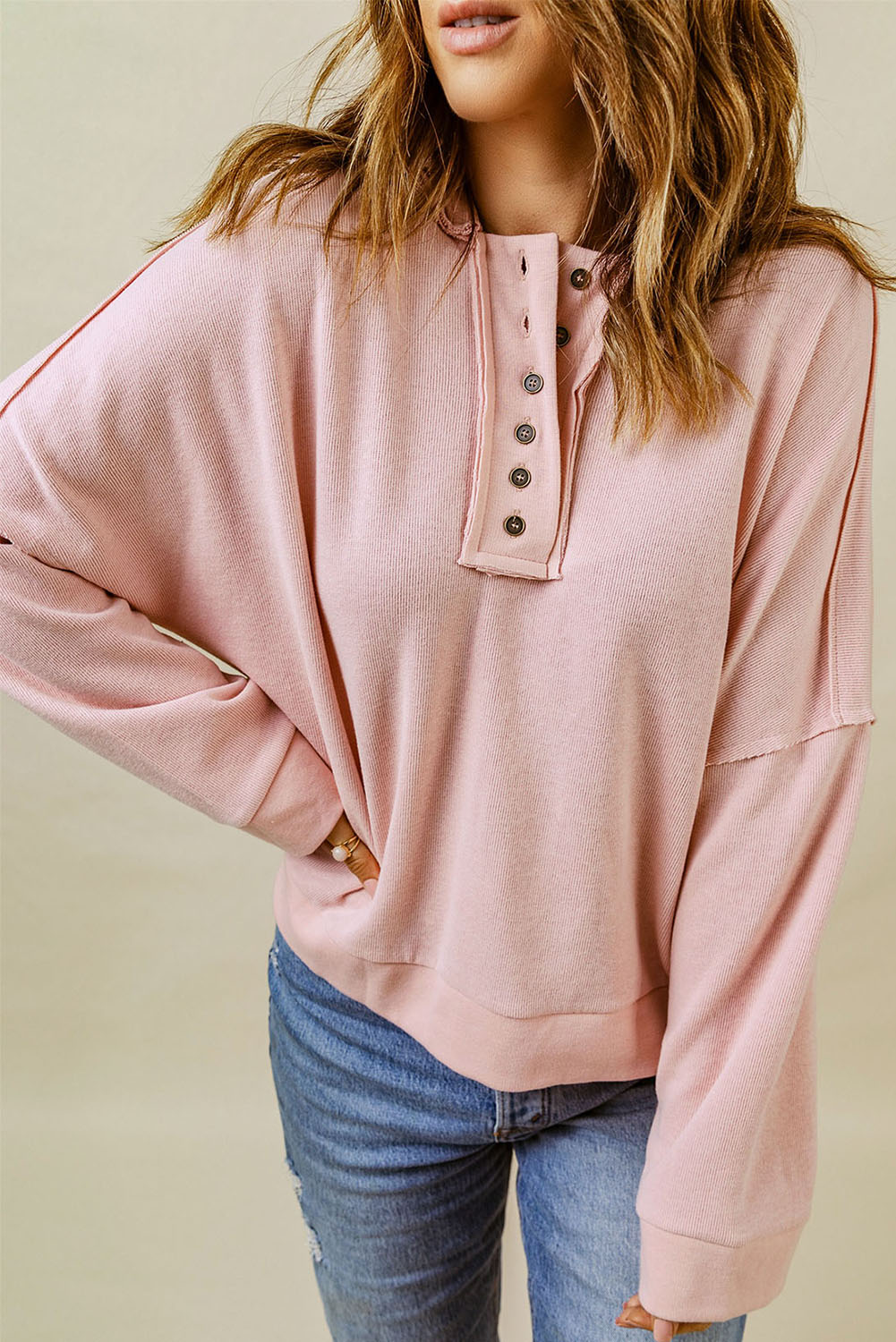 Women's Quarter-Button Exposed Seam Dropped Shoulder Hoodie Blush Pink