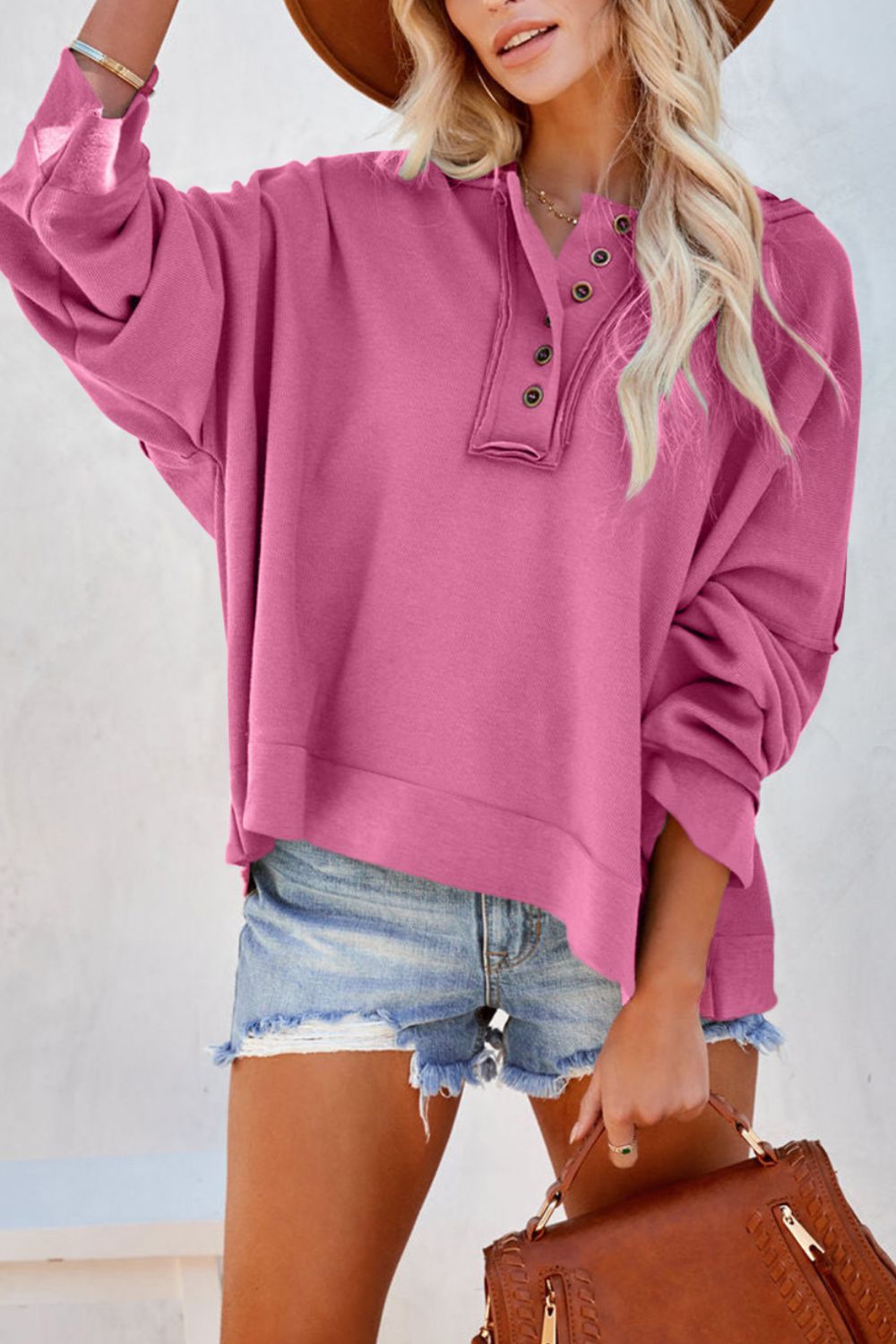 Women's Quarter-Button Exposed Seam Dropped Shoulder Hoodie Carnation Pink M