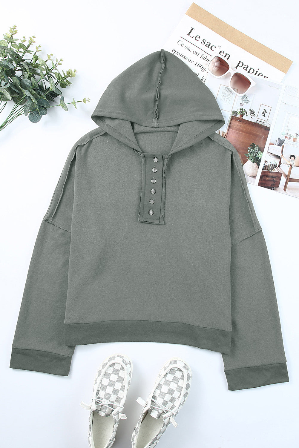 Women's Quarter-Button Exposed Seam Dropped Shoulder Hoodie Gray