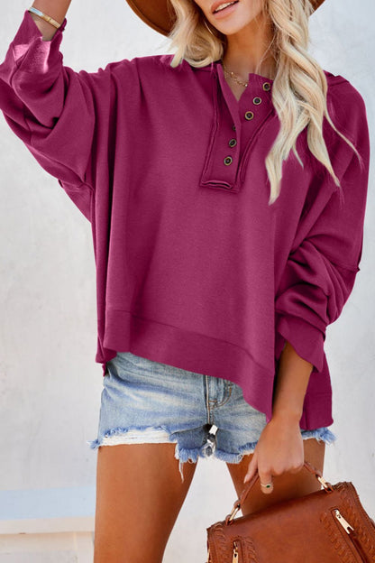 Women's Quarter-Button Exposed Seam Dropped Shoulder Hoodie Fuchsia L