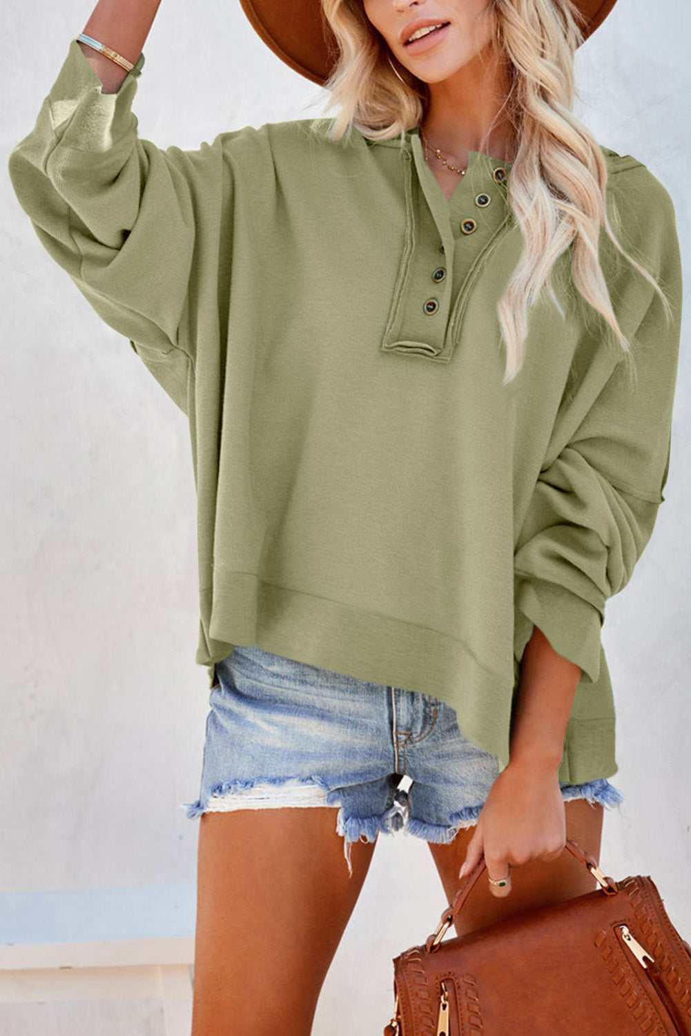 Women's Quarter-Button Exposed Seam Dropped Shoulder Hoodie Mist Green