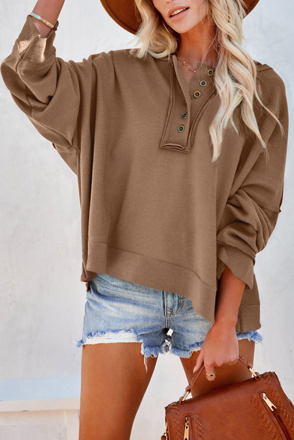 Women's Quarter-Button Exposed Seam Dropped Shoulder Hoodie Camel