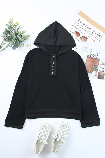 Women's Quarter-Button Exposed Seam Dropped Shoulder Hoodie Black