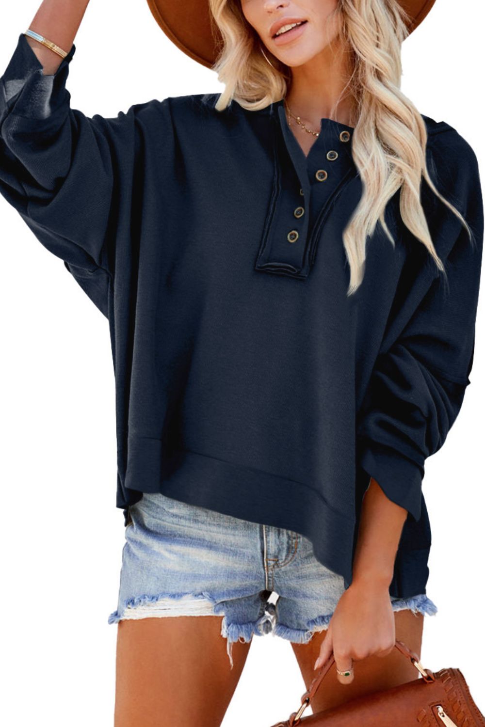 Women's Quarter-Button Exposed Seam Dropped Shoulder Hoodie Navy