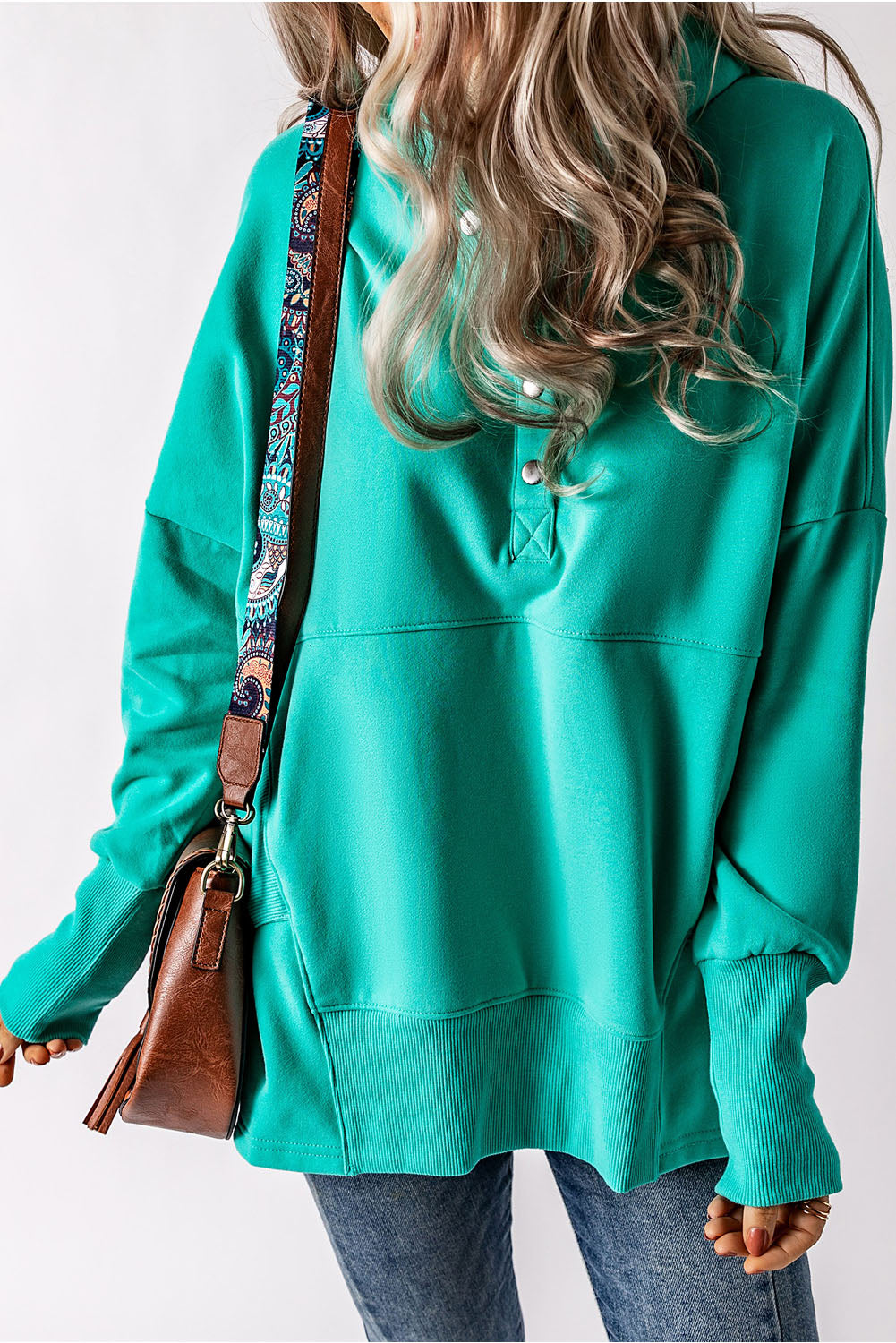 Women's Quarter-Snap Dropped Shoulder Hoodie Turquoise