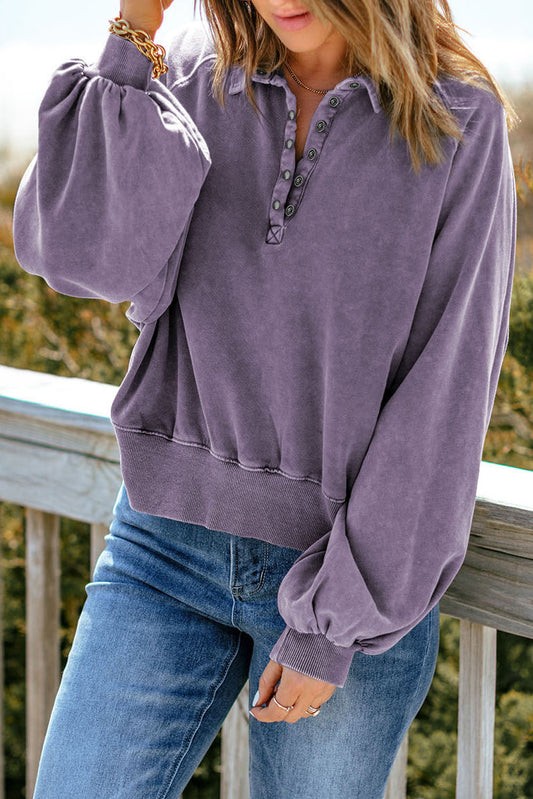 Women's Quarter-Snap Lantern Sleeve Sweatshirt With Collar Dusty Purple