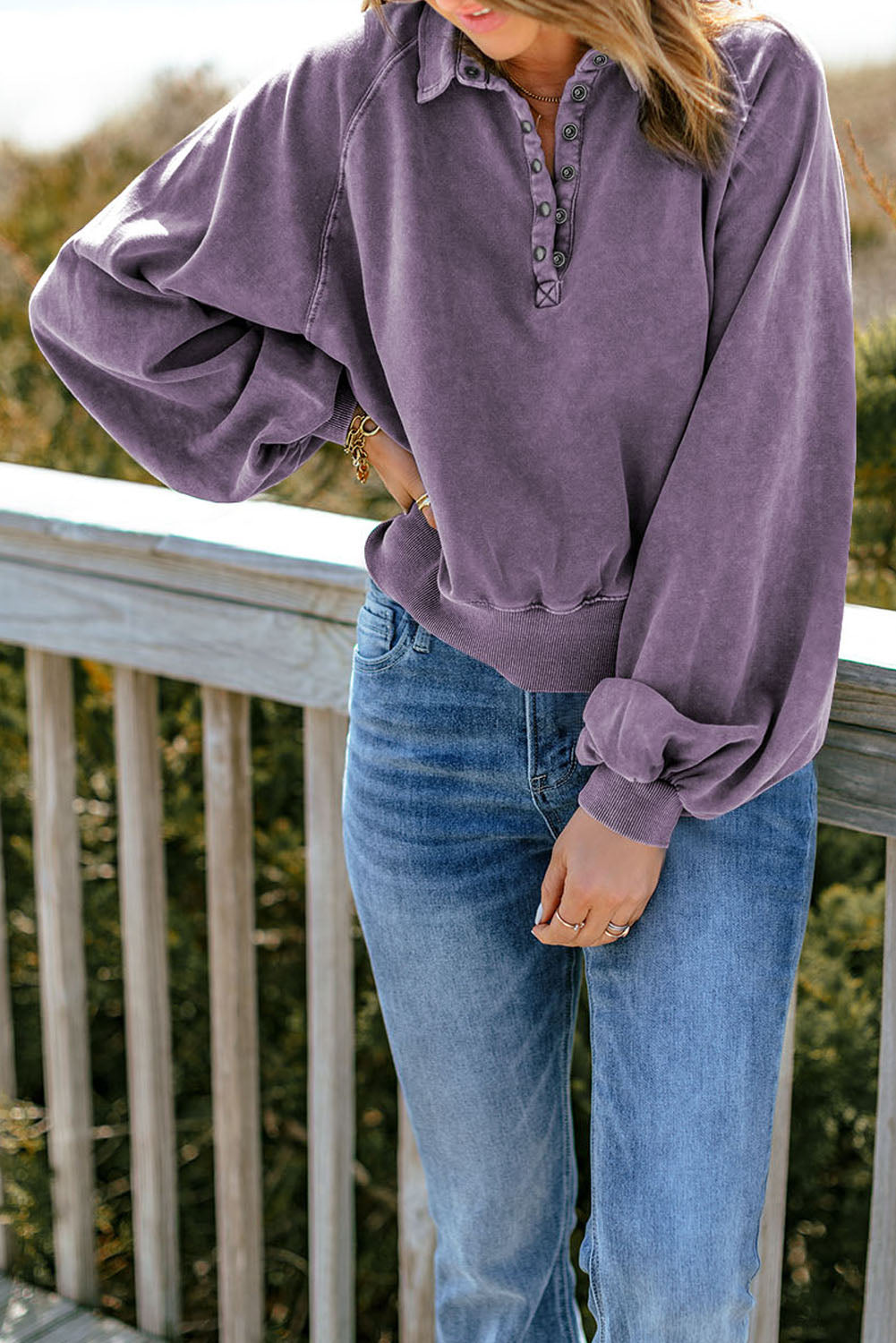 Women's Quarter-Snap Lantern Sleeve Sweatshirt With Collar