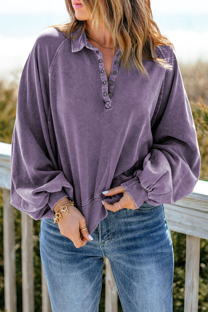 Women's Quarter-Snap Lantern Sleeve Sweatshirt With Collar