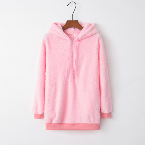 Women's Quarter-Zip Drawstring Teddy Hoodie Blush Pink