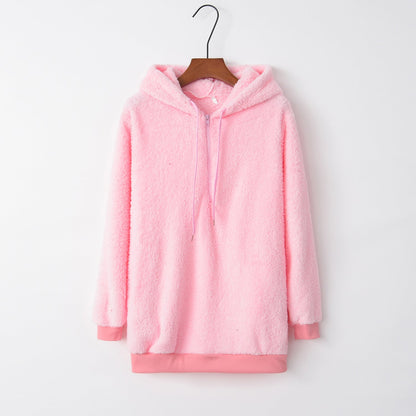 Women's Quarter-Zip Drawstring Teddy Hoodie Blush Pink 3XL