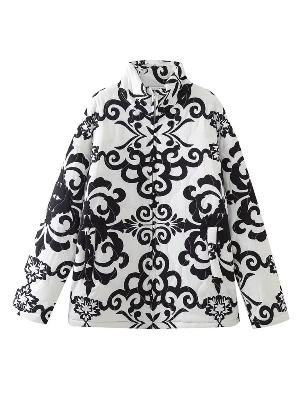 Women's Quilted Cotton Printed Loose Stand Collar Padded Jacket