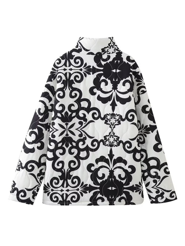 Women's Quilted Cotton Printed Loose Stand Collar Padded Jacket